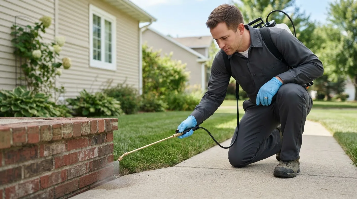 Pest control technician treating a home near Osterburg, PA